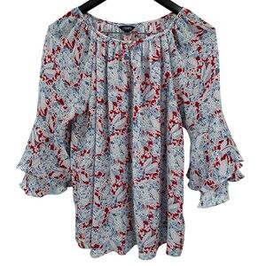 Chaps Large Peasant Blouse Red Blue Floral Ruffle Tiered 3/4 Sleeve BOHO Beach